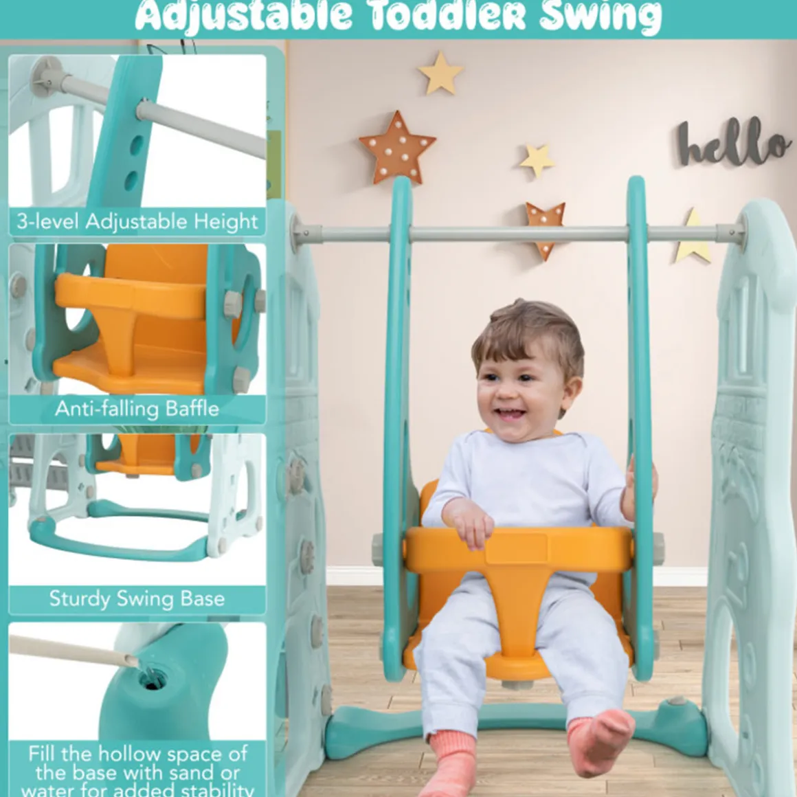 3-in-1 Toddler Slide and Swing Set with Basketball Hoop