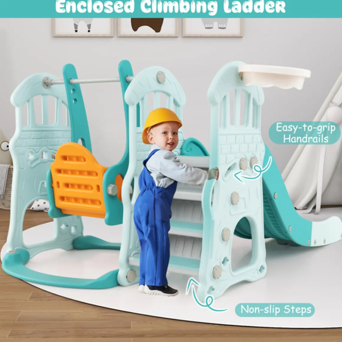 3-in-1 Toddler Slide and Swing Set with Basketball Hoop