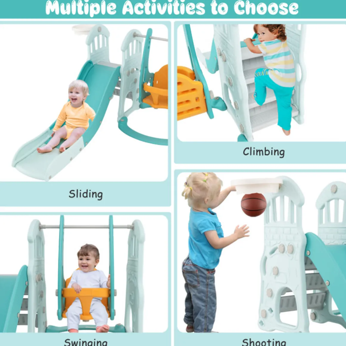 3-in-1 Toddler Slide and Swing Set with Basketball Hoop