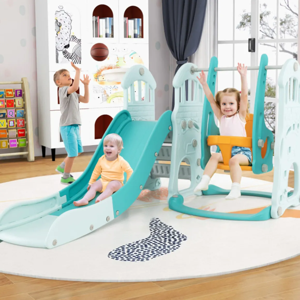 3-in-1 Toddler Slide and Swing Set with Basketball Hoop
