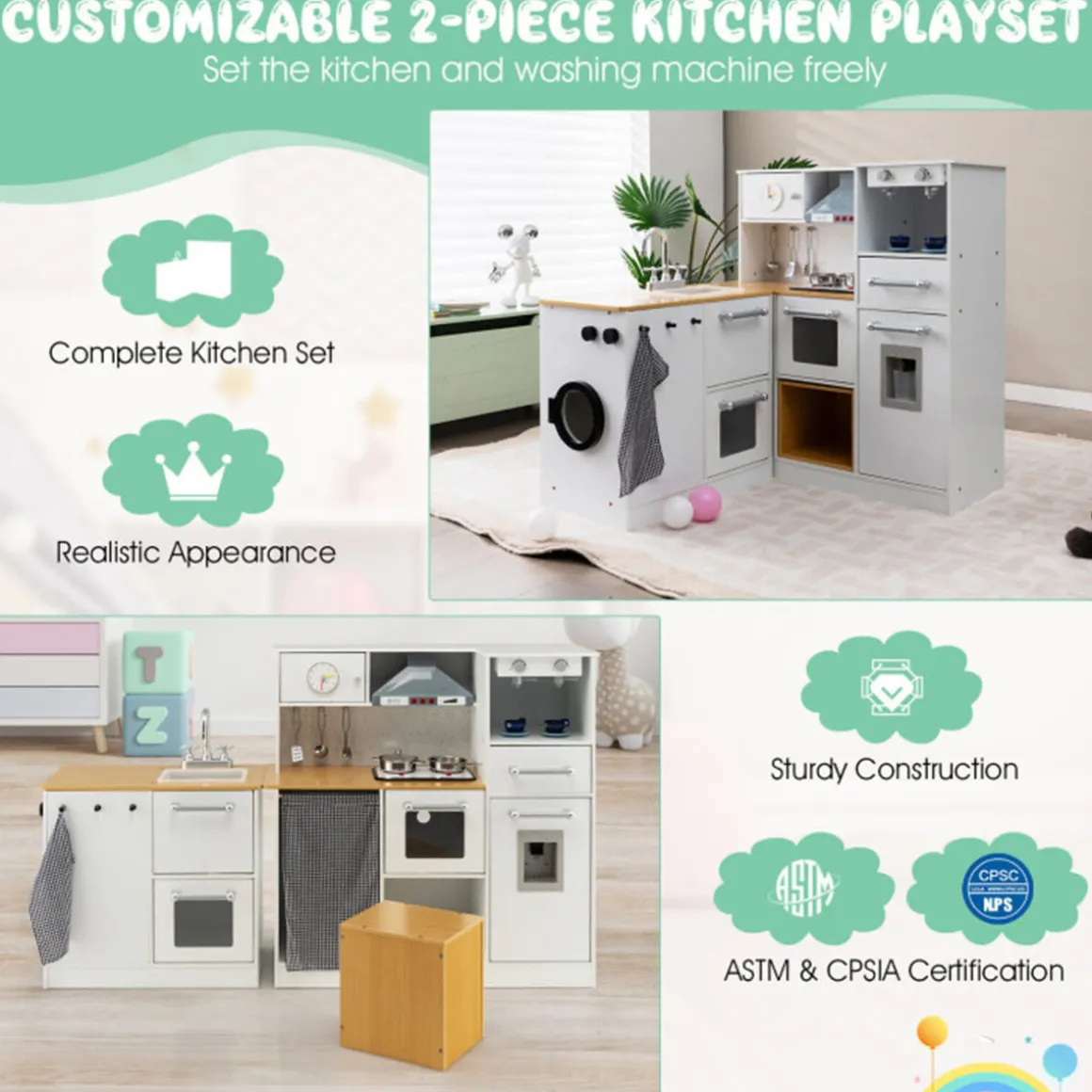 Kids 2-Piece Wooden Pretend Play Kitchen with Sound