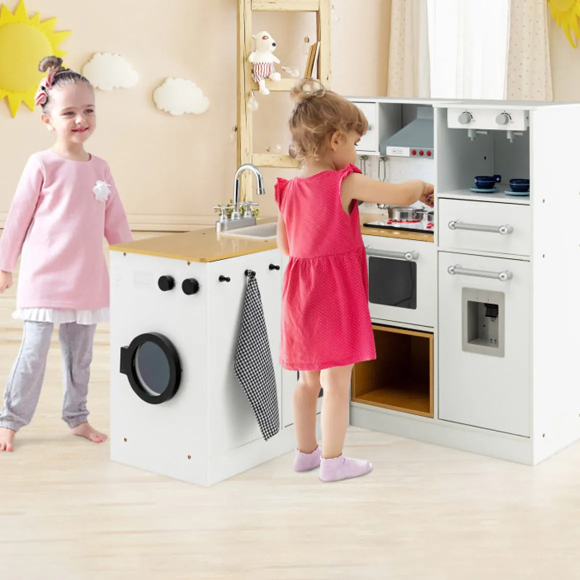 Kids 2-Piece Wooden Pretend Play Kitchen with Sound