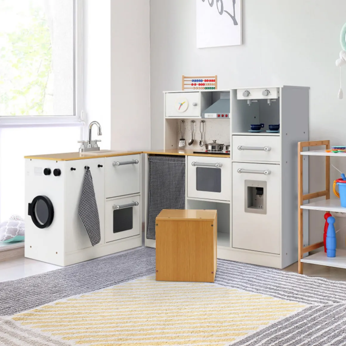 Kids 2-Piece Wooden Pretend Play Kitchen with Sound