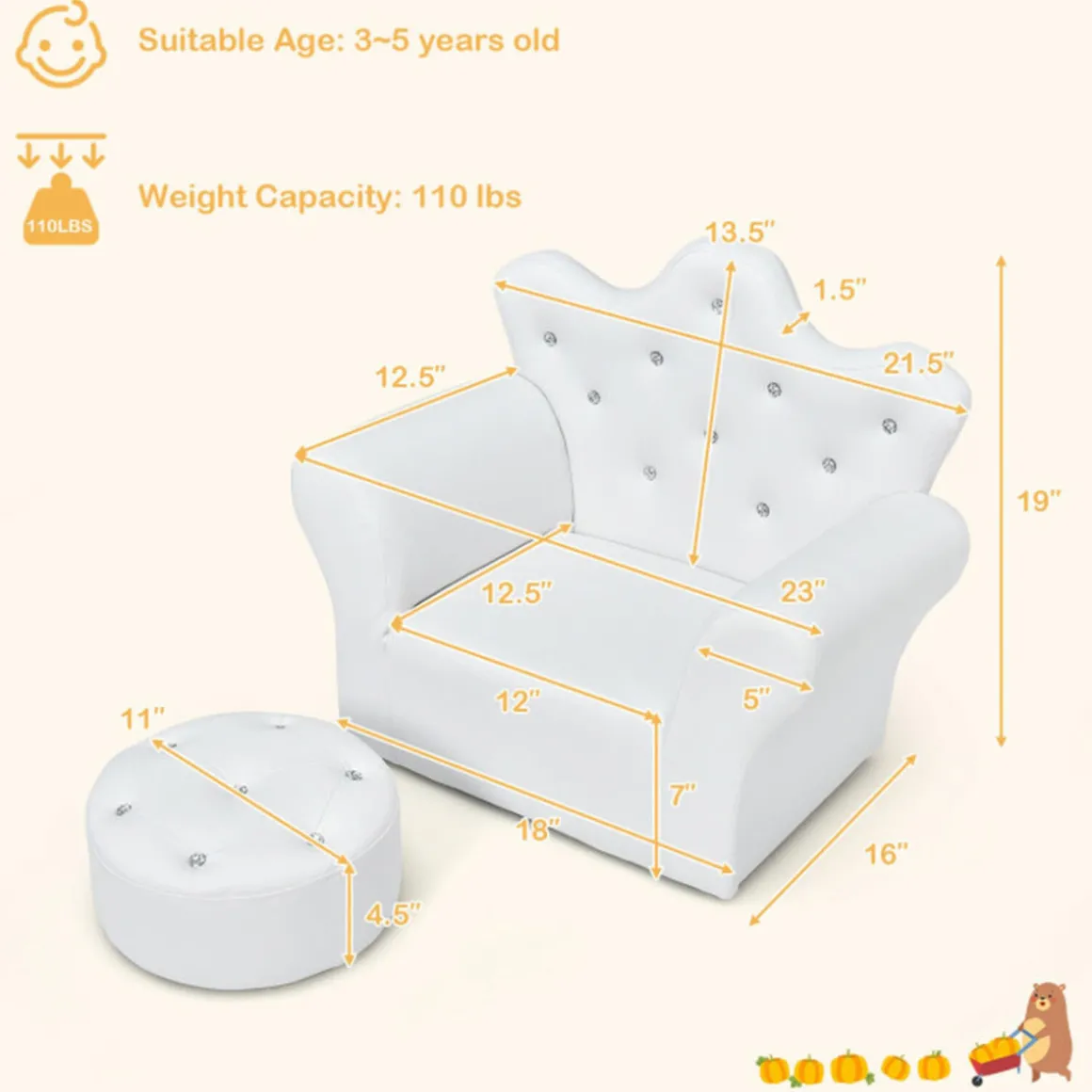 Kids Princess Sofa with Ottoman