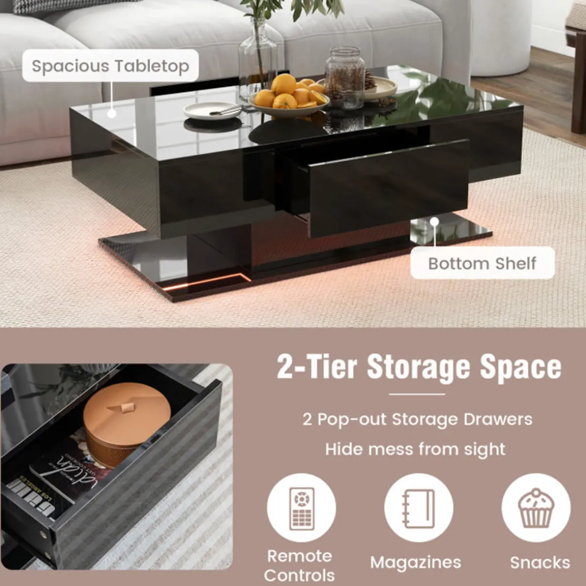 LED Coffee Table with Storage Drawers