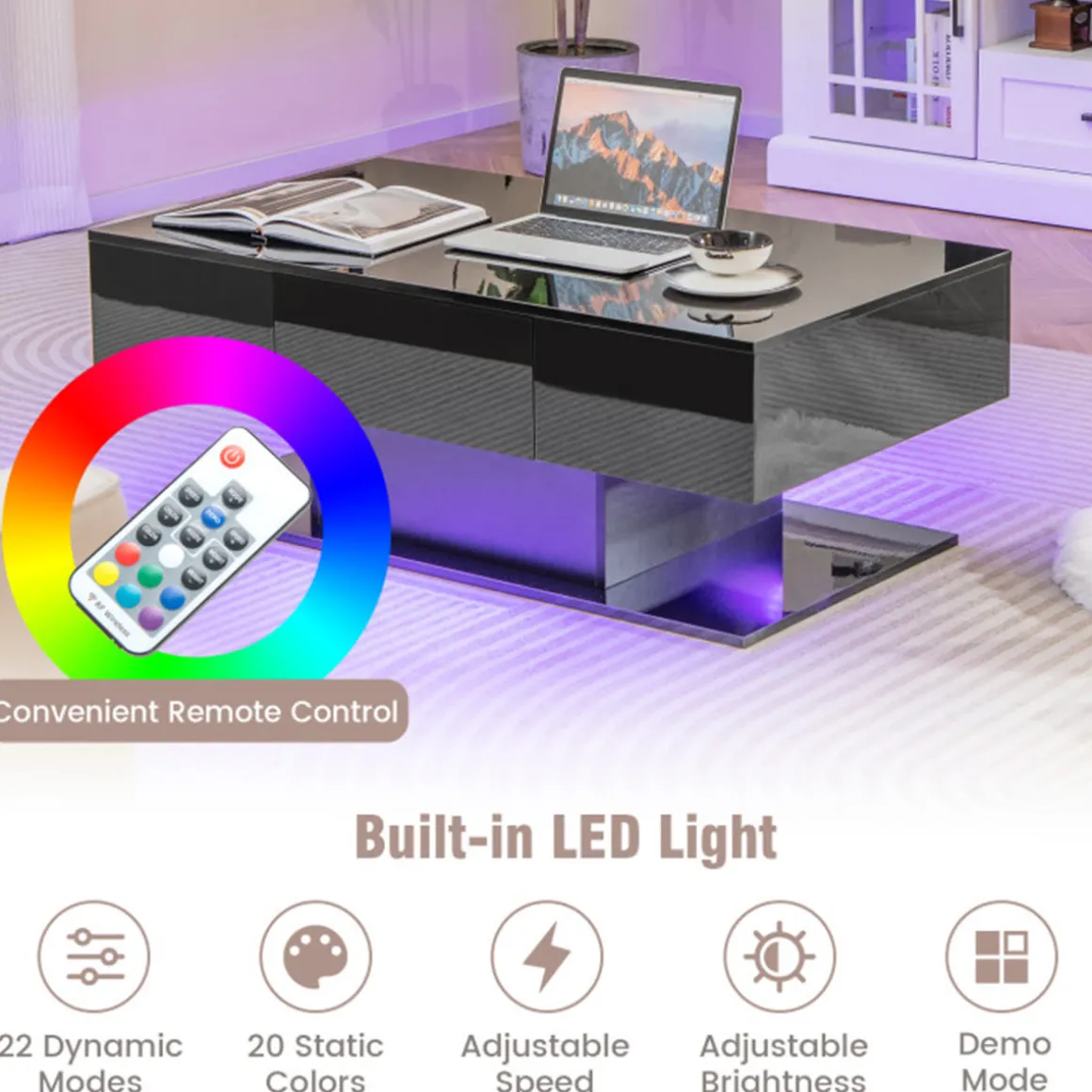 LED Coffee Table with Storage Drawers