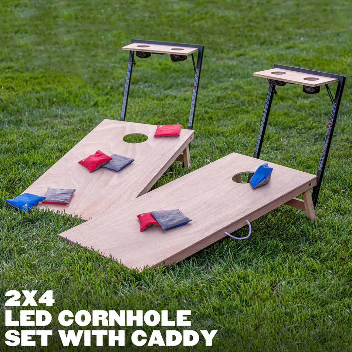 LED Wood Cornhole Set with Integrated Caddy