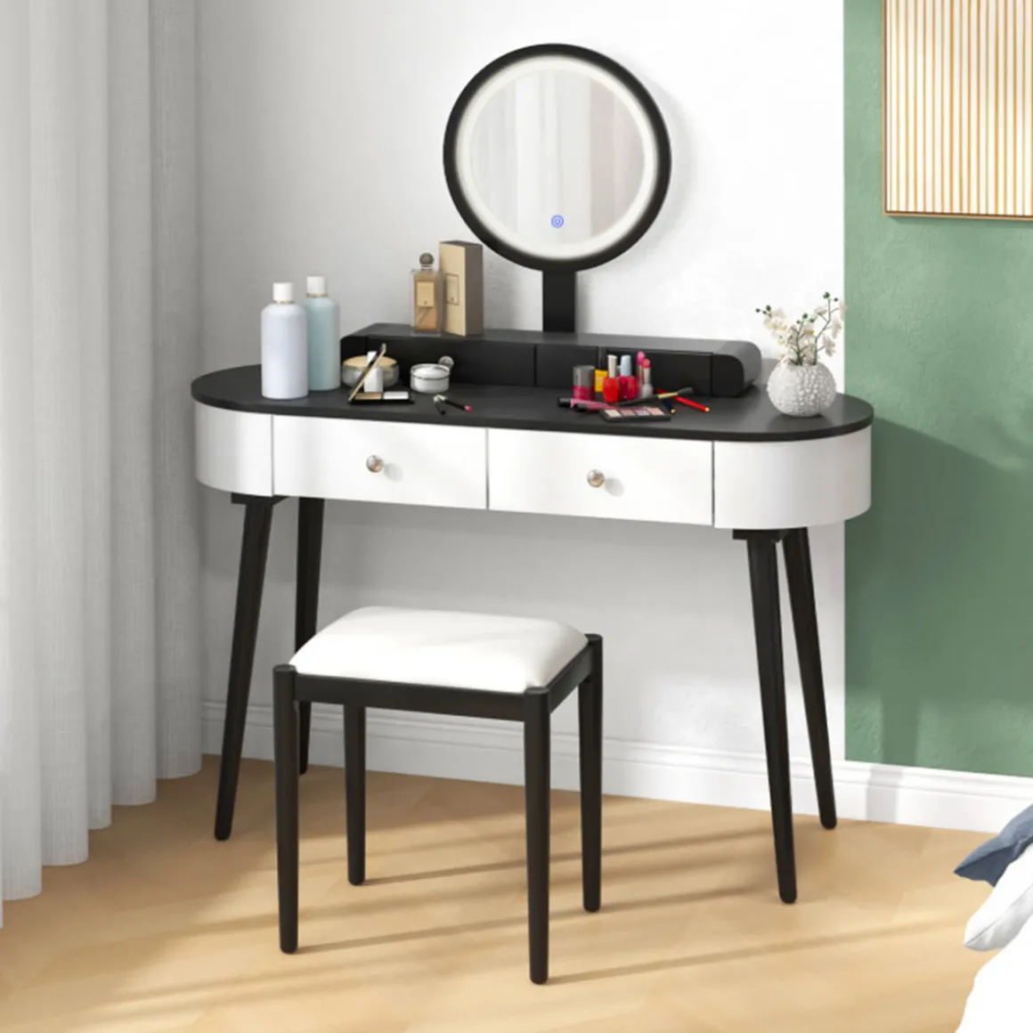 Makeup Vanity Table Set with Stool and LED Mirror