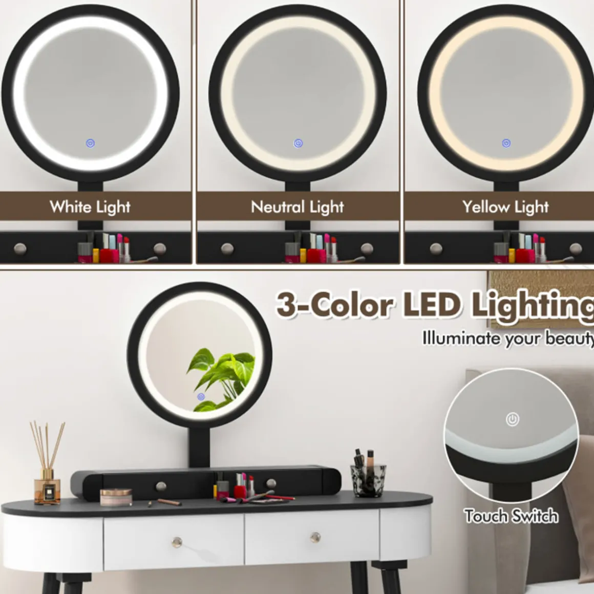 Makeup Vanity Table Set with Stool and LED Mirror