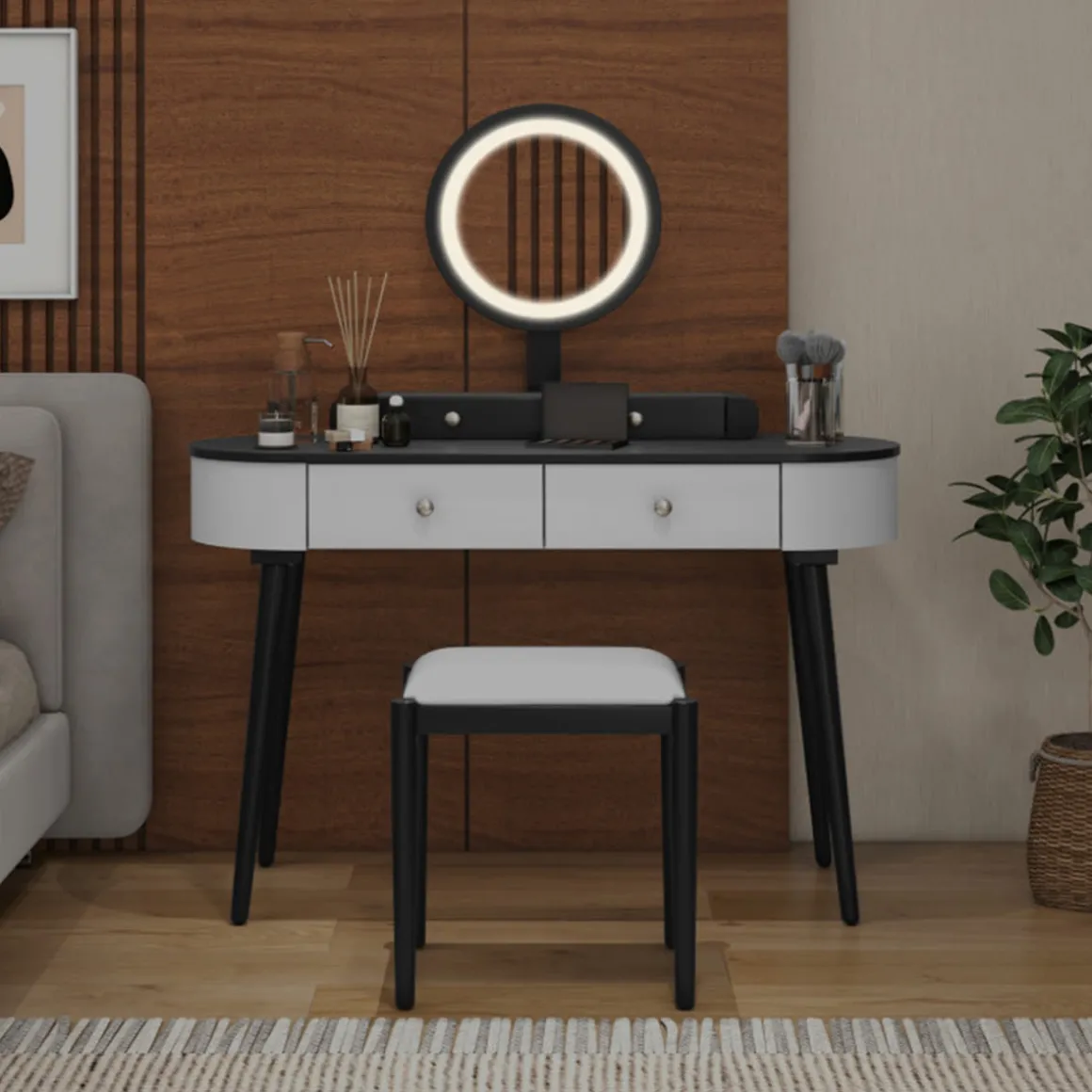 Makeup Vanity Table Set with Stool and LED Mirror
