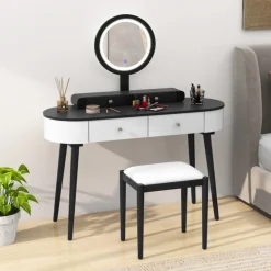 Makeup Vanity Table Set with Stool and LED Mirror