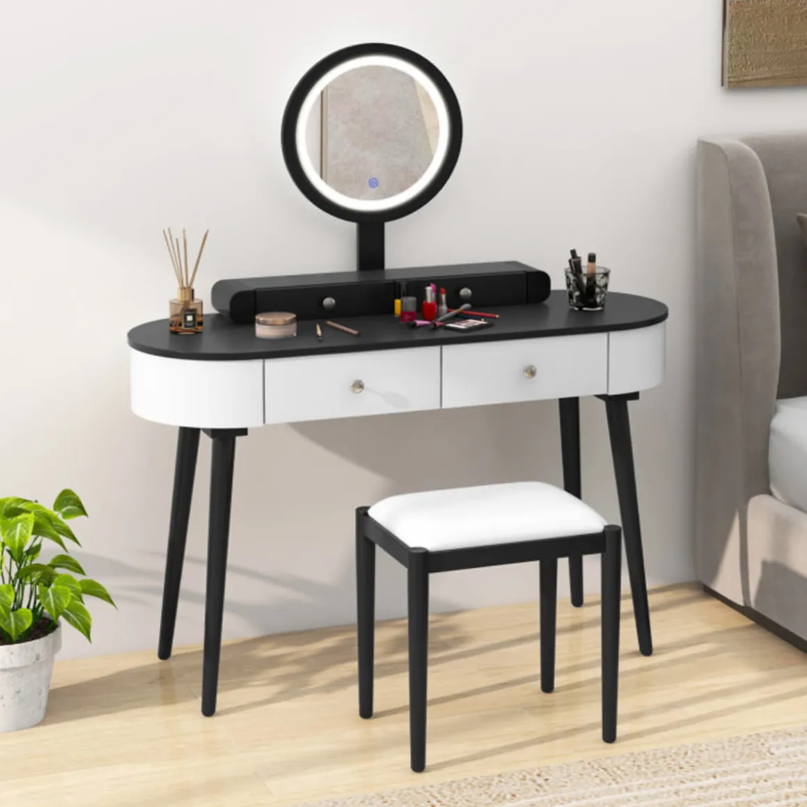 Makeup Vanity Table Set with Stool and LED Mirror