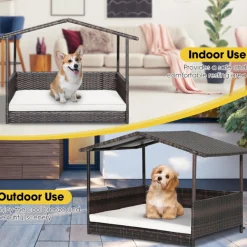 Outdoor Wicker Dog House with Weatherproof Roof