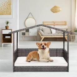 Outdoor Wicker Dog House with Weatherproof Roof