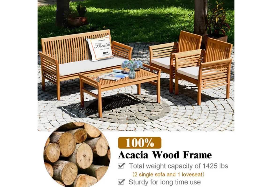 4-Piece Outdoor Acacia Wood Sofa Furniture Set