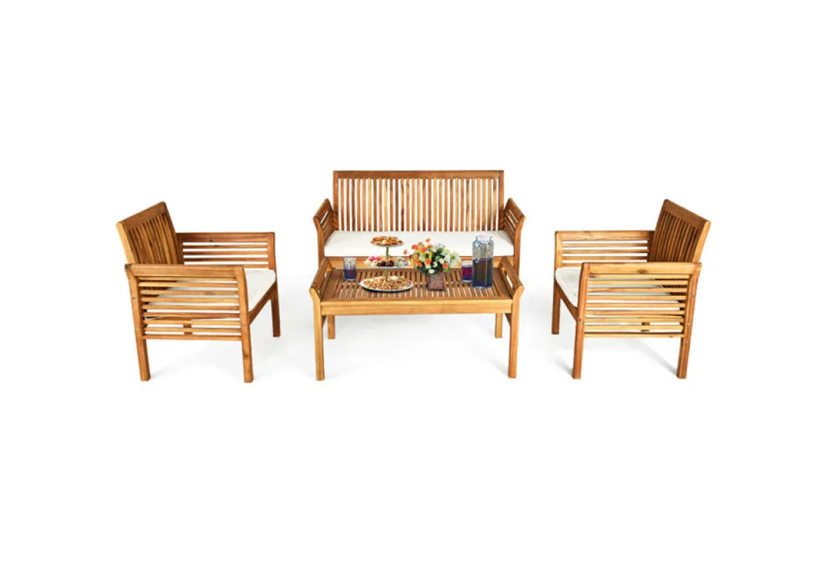 4-Piece Outdoor Acacia Wood Sofa Furniture Set