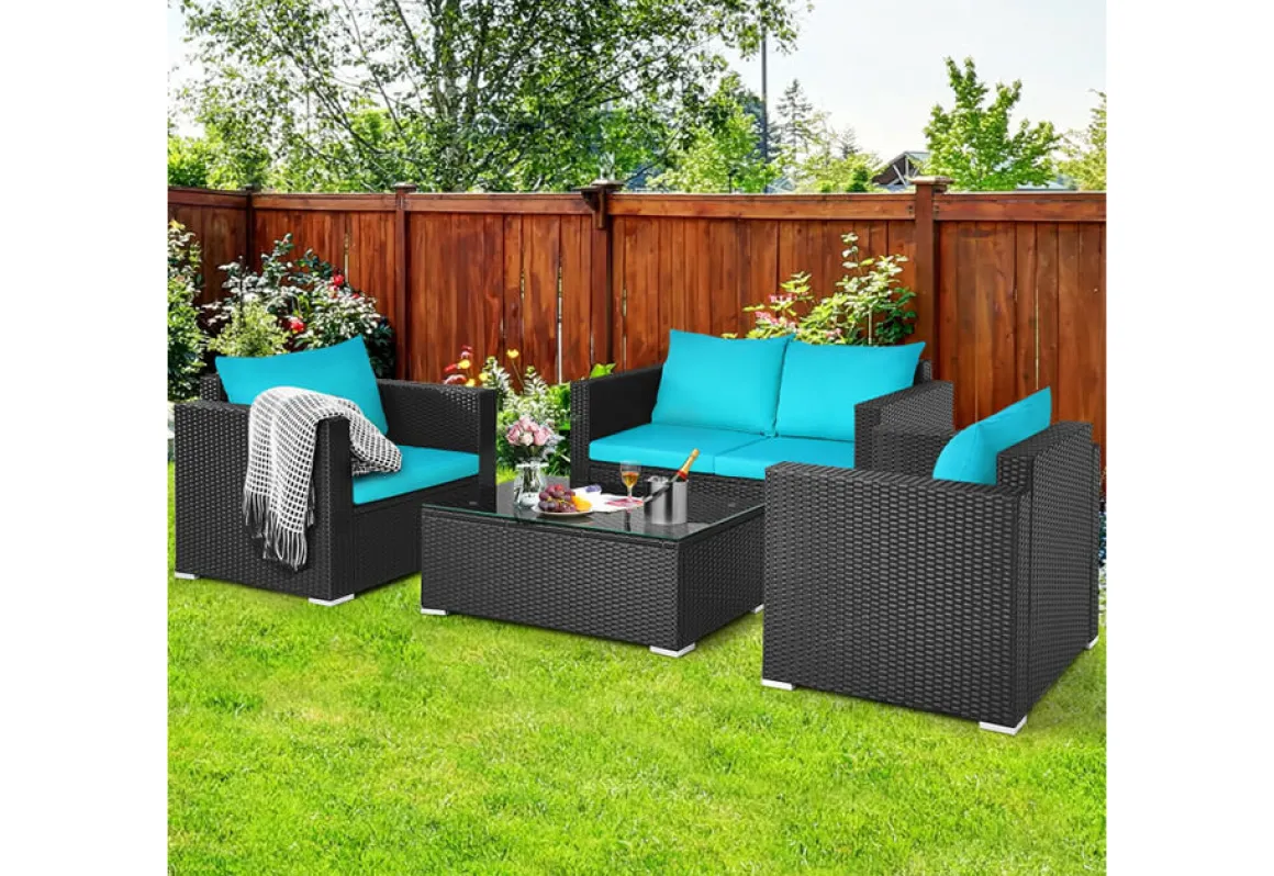 4-Piece Rattan Conversation Patio Set with Padded Cushion