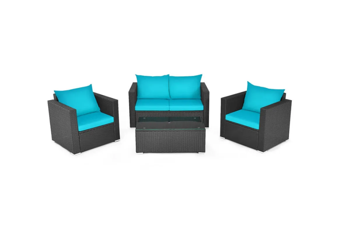 4-Piece Rattan Conversation Patio Set with Padded Cushion