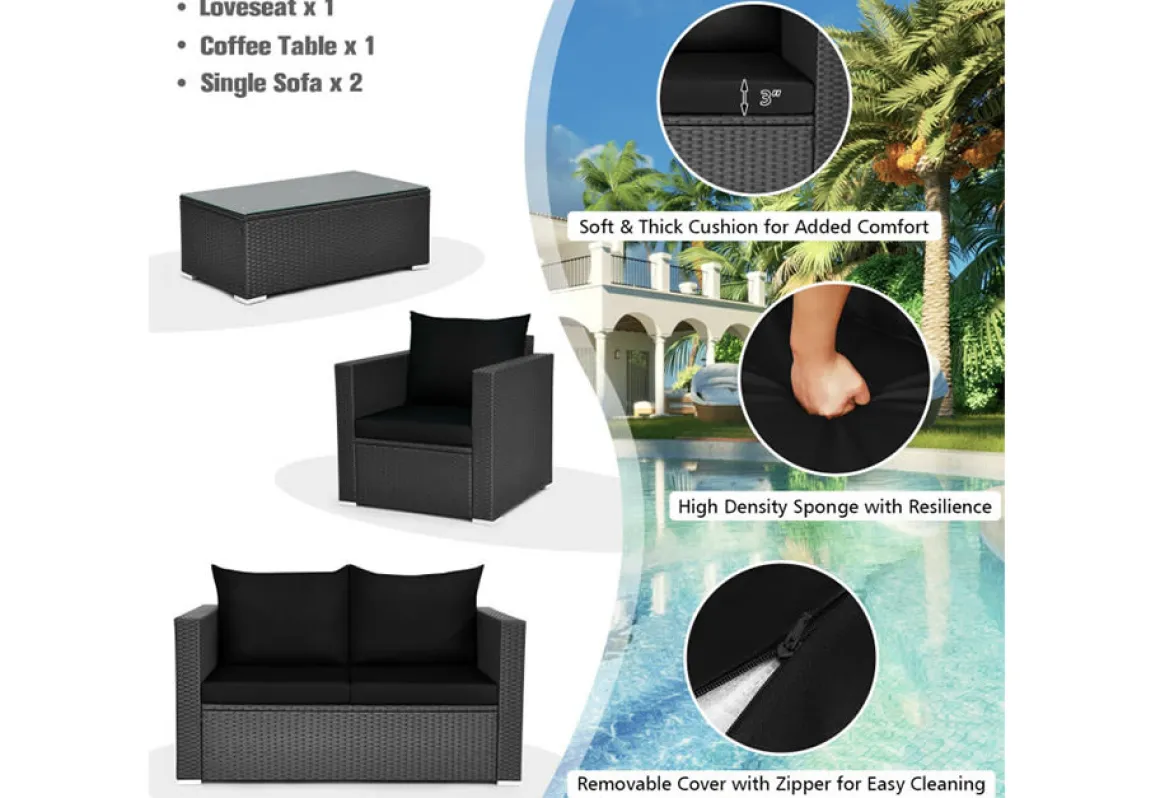 4-Piece Rattan Conversation Patio Set with Padded Cushion