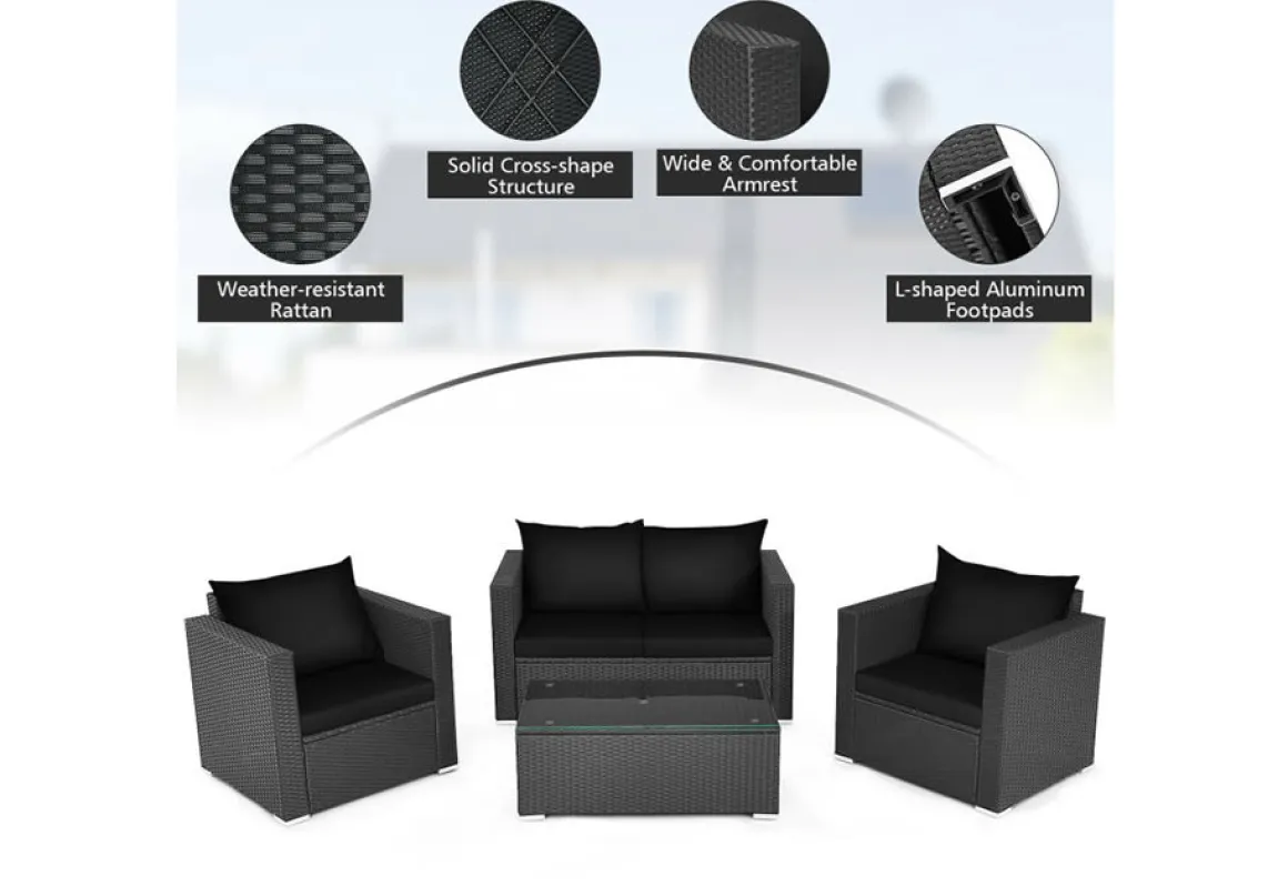 4-Piece Rattan Conversation Patio Set with Padded Cushion