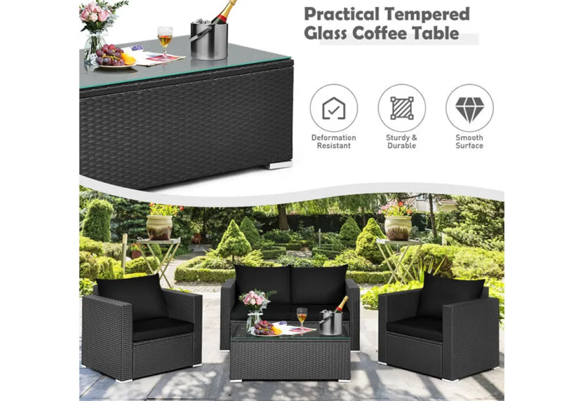 4-Piece Rattan Conversation Patio Set with Padded Cushion