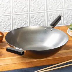 Professional 14-inch Carbon Steel Flat Bottom Wok