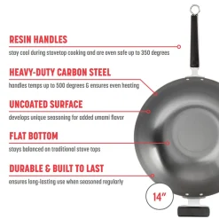 Professional 14-inch Carbon Steel Flat Bottom Wok
