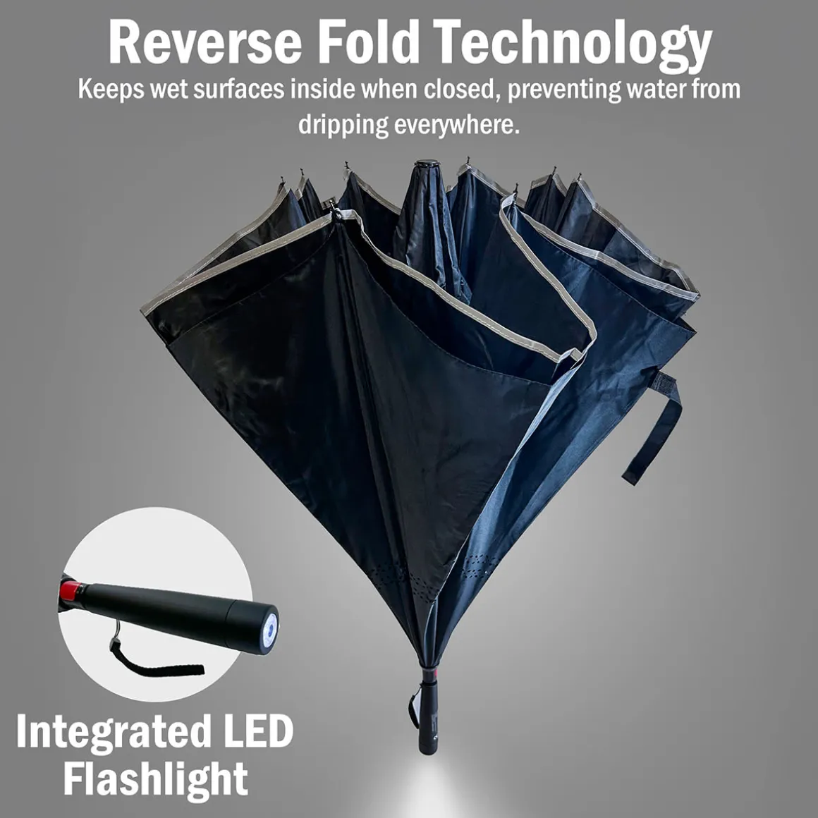 Reverse Folding Windproof Umbrella with Flashlight