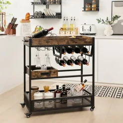 3-Tier Industrial Buffet Serving Cart with Wine Rack