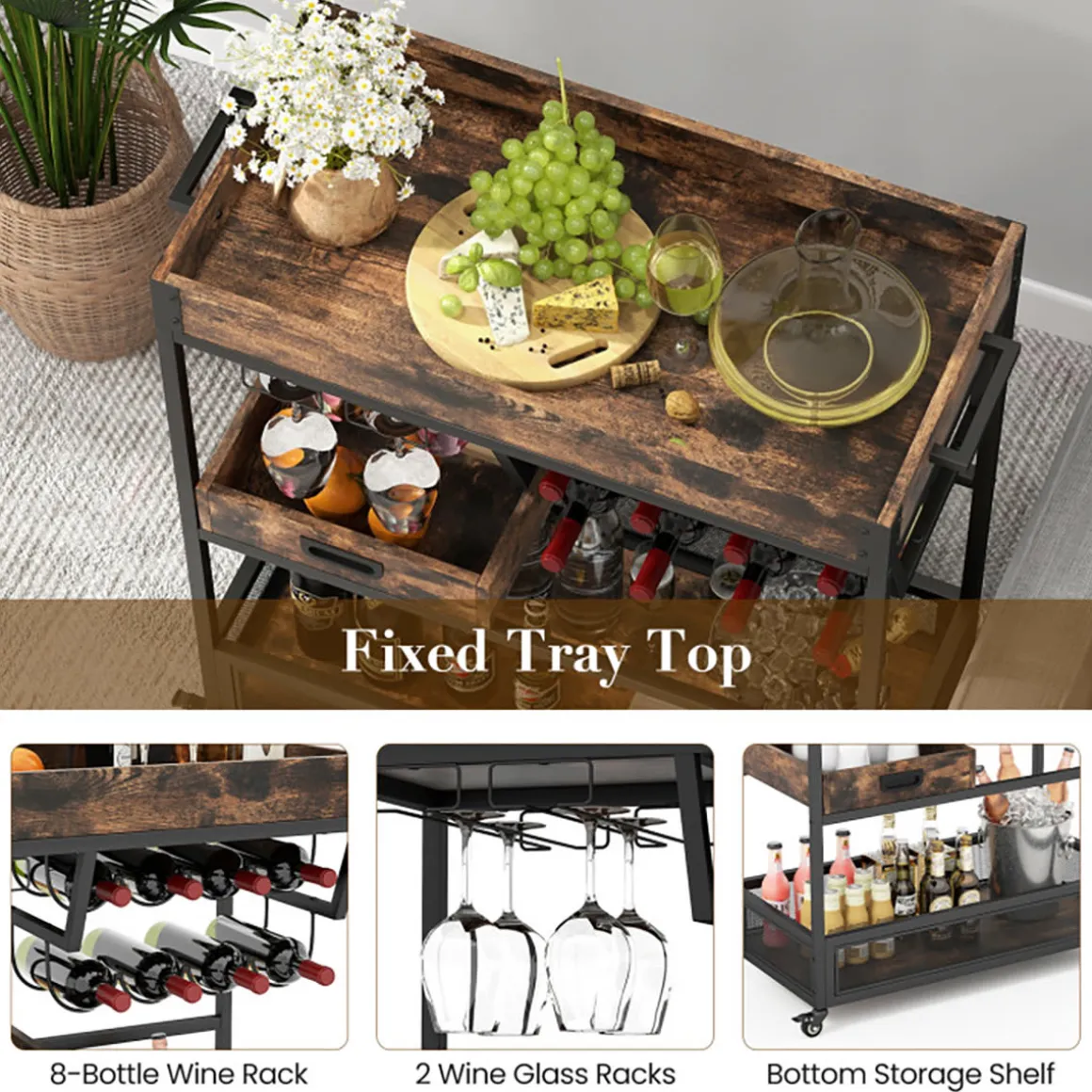 3-Tier Industrial Buffet Serving Cart with Wine Rack