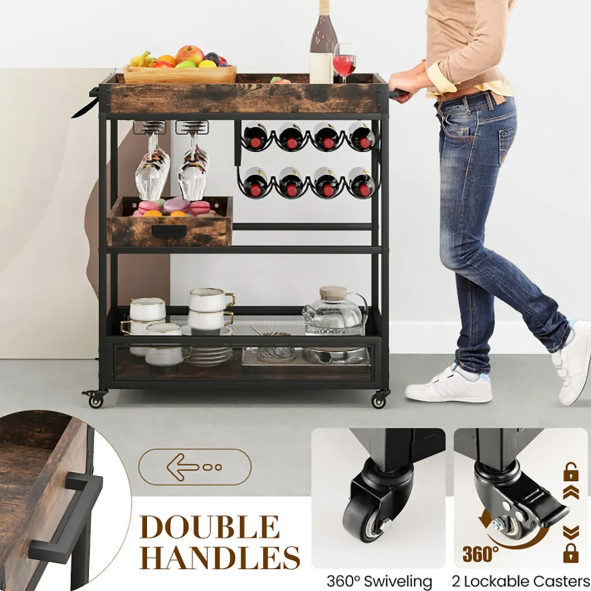 3-Tier Industrial Buffet Serving Cart with Wine Rack