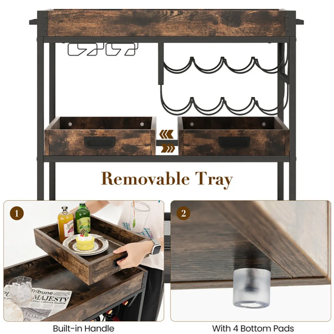 3-Tier Industrial Buffet Serving Cart with Wine Rack