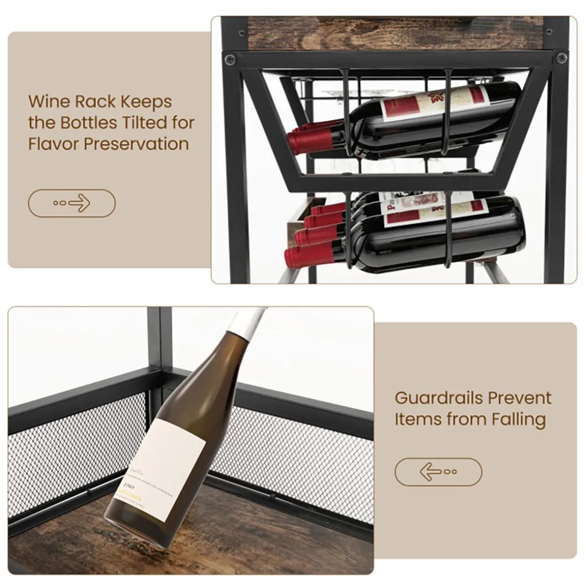 3-Tier Industrial Buffet Serving Cart with Wine Rack