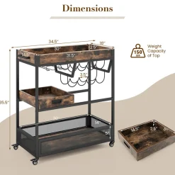 3-Tier Industrial Buffet Serving Cart with Wine Rack