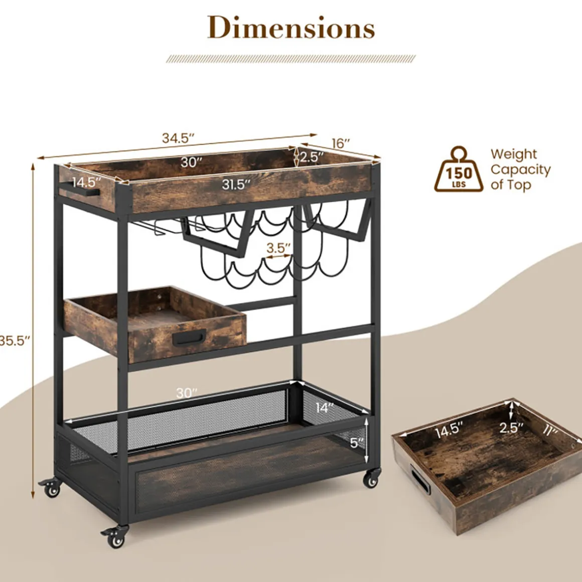 3-Tier Industrial Buffet Serving Cart with Wine Rack