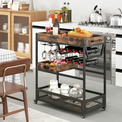 3-Tier Industrial Buffet Serving Cart with Wine Rack