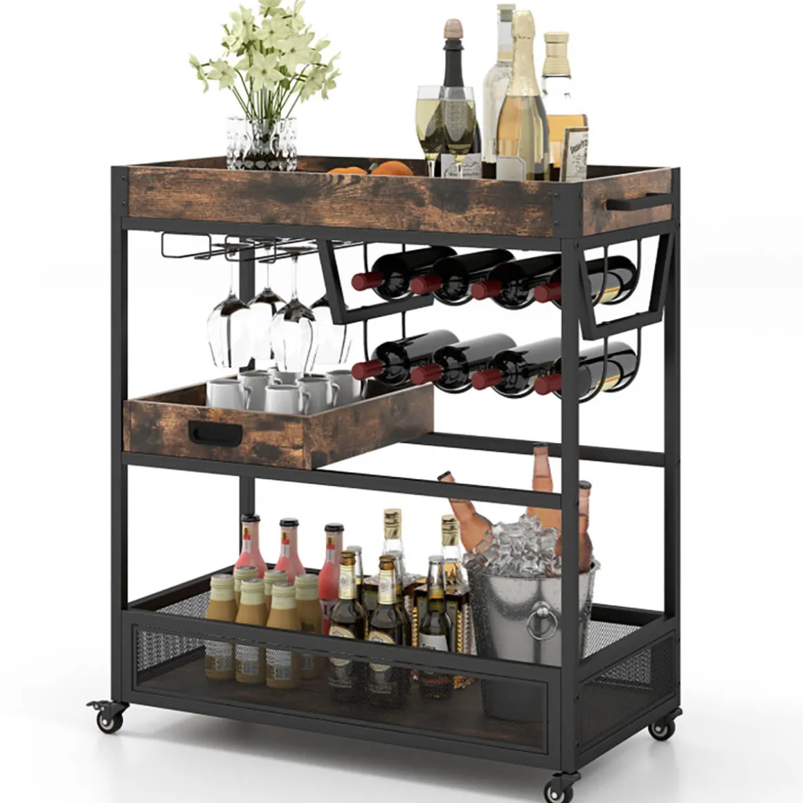 3-Tier Industrial Buffet Serving Cart with Wine Rack