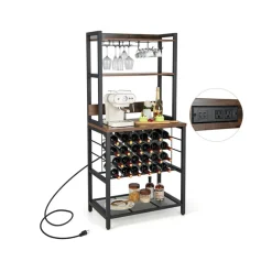 Wine Bar Cabinet with 4 Tier Storage Shelves and Glass Holders