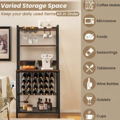 Wine Bar Cabinet with 4 Tier Storage Shelves and Glass Holders