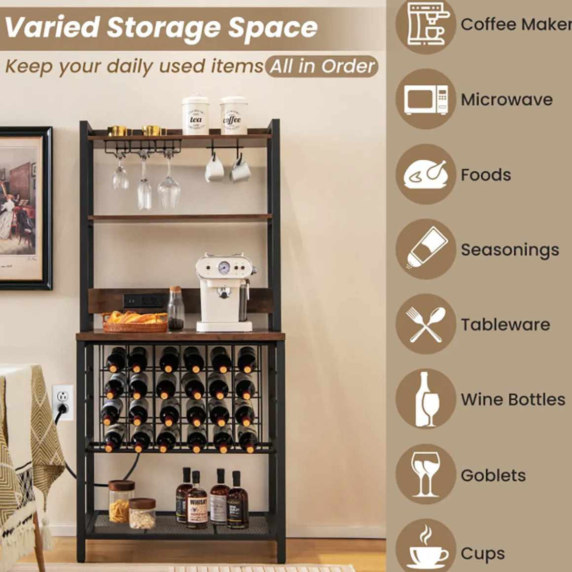Wine Bar Cabinet with 4 Tier Storage Shelves and Glass Holders