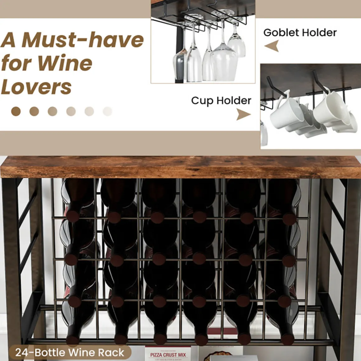 Wine Bar Cabinet with 4 Tier Storage Shelves and Glass Holders