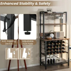 Wine Bar Cabinet with 4 Tier Storage Shelves and Glass Holders
