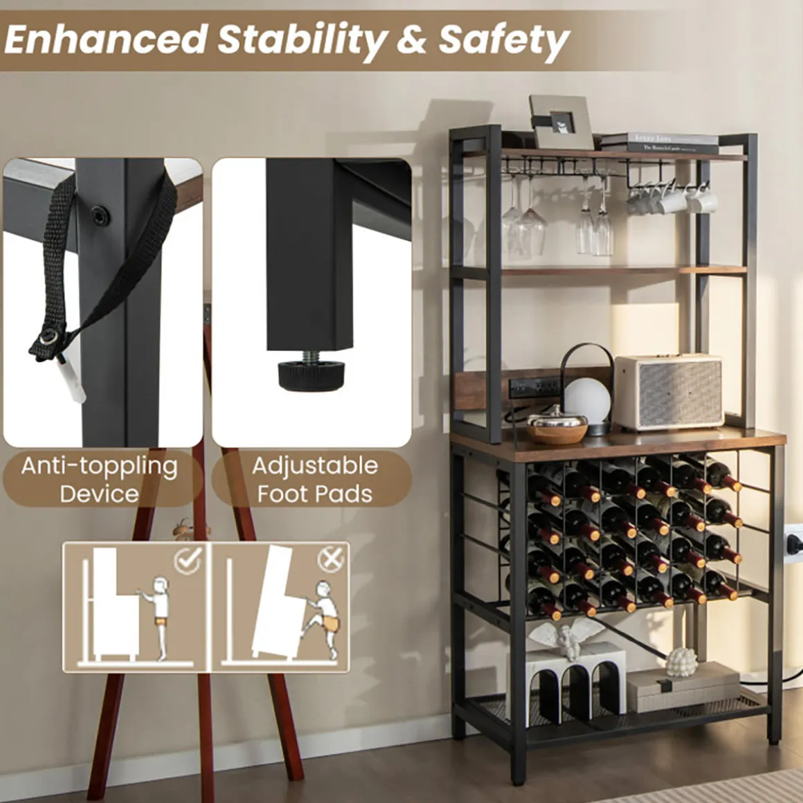 Wine Bar Cabinet with 4 Tier Storage Shelves and Glass Holders