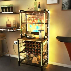 Wine Bar Cabinet with 4 Tier Storage Shelves and Glass Holders