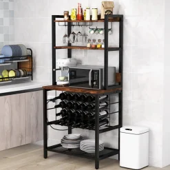 Wine Bar Cabinet with 4 Tier Storage Shelves and Glass Holders