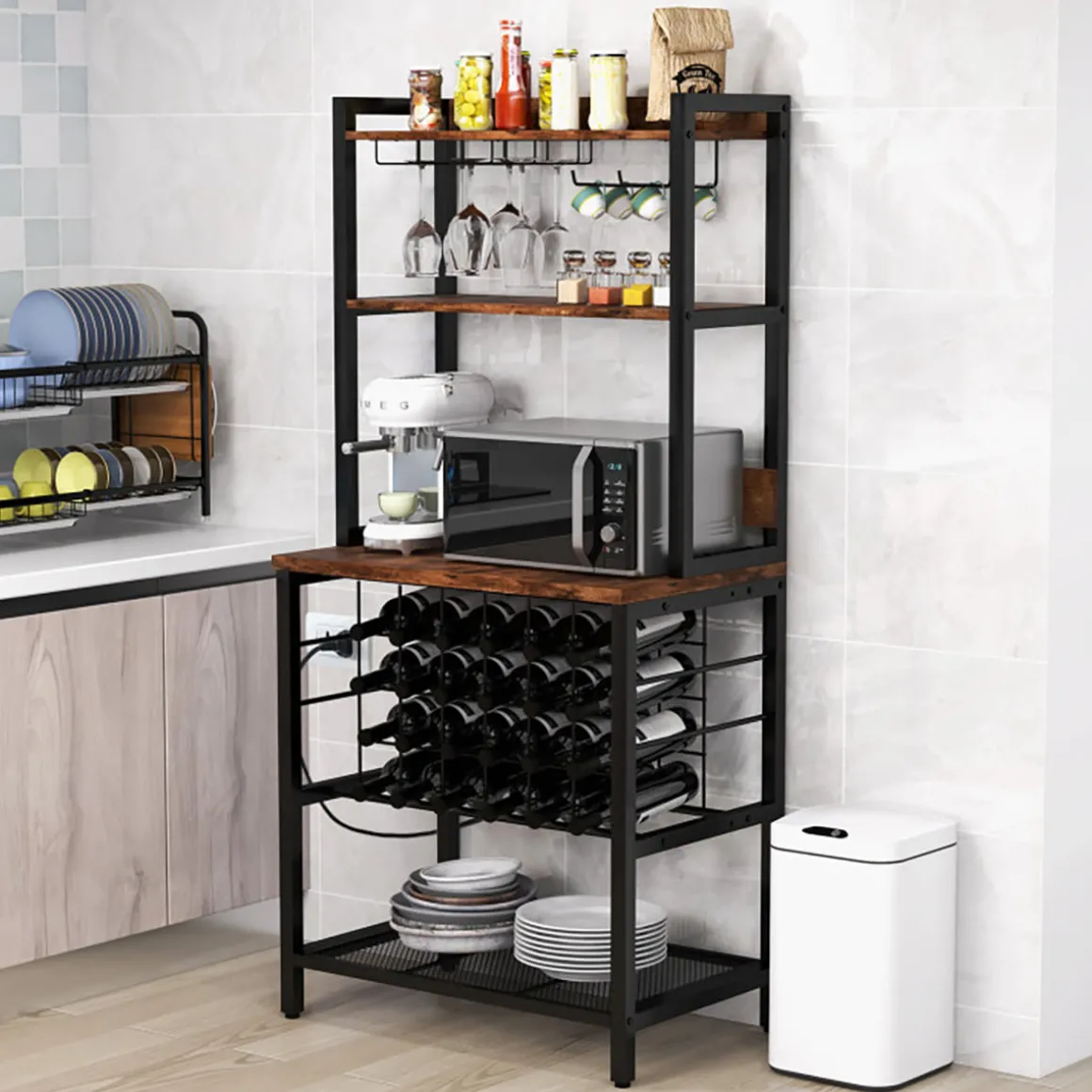 Wine Bar Cabinet with 4 Tier Storage Shelves and Glass Holders