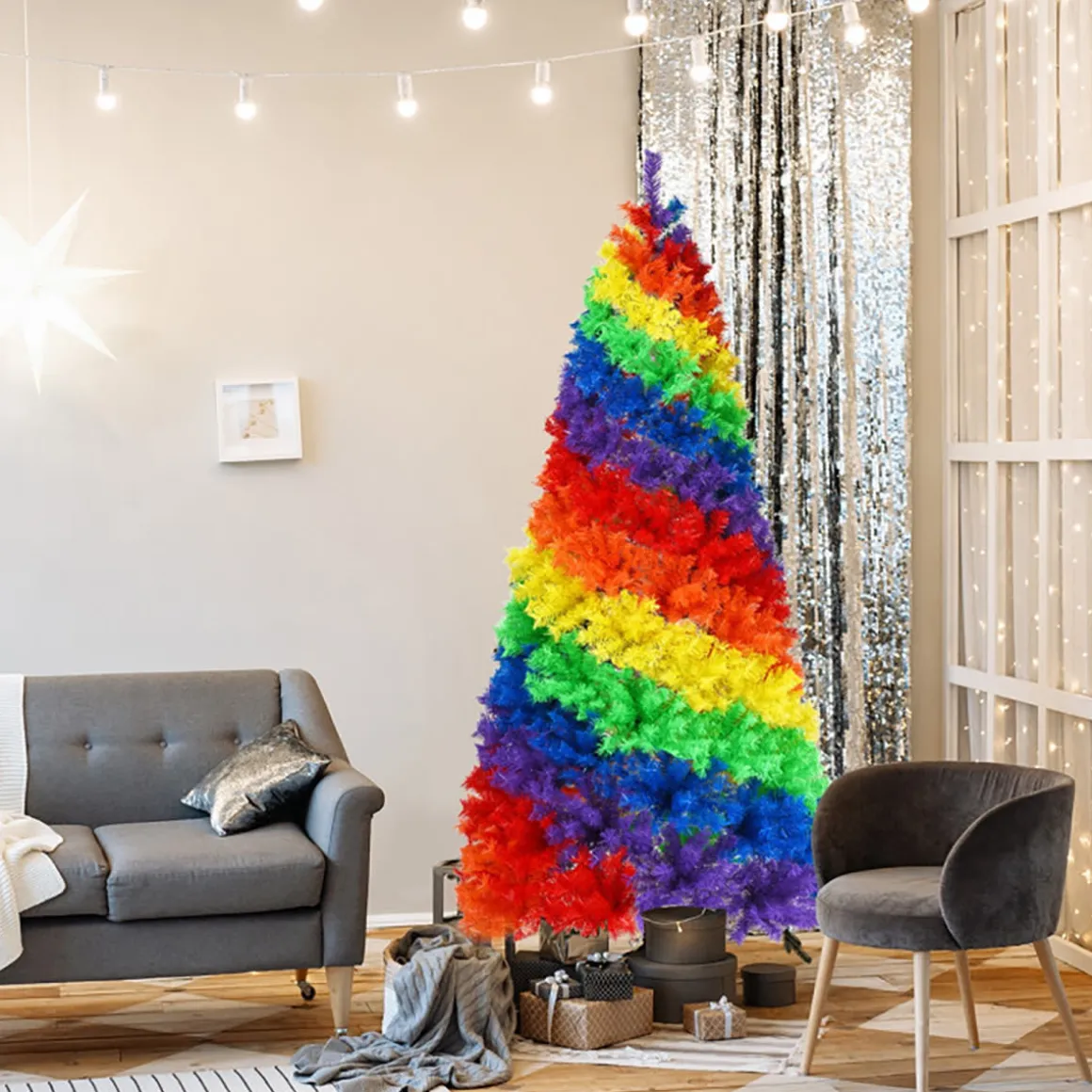 7' Artificial Rainbow Hinged Christmas Tree
