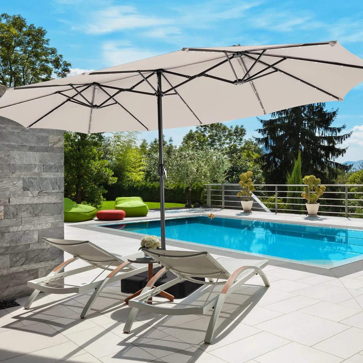 15' Double-Sided Patio Umbrella with Solar Powered LED Lights