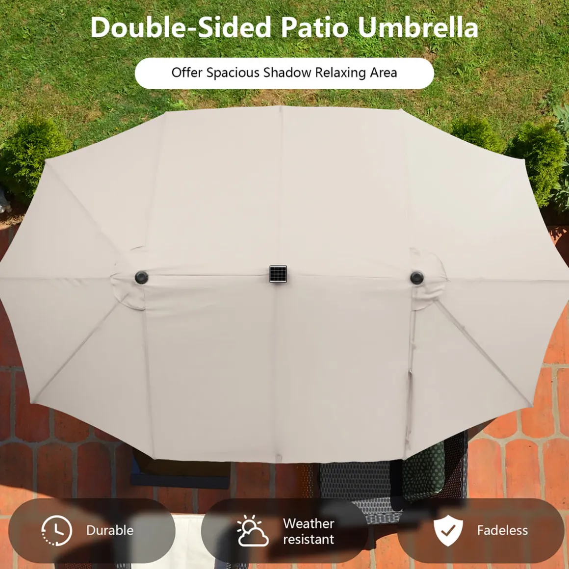 15' Double-Sided Patio Umbrella with Solar Powered LED Lights