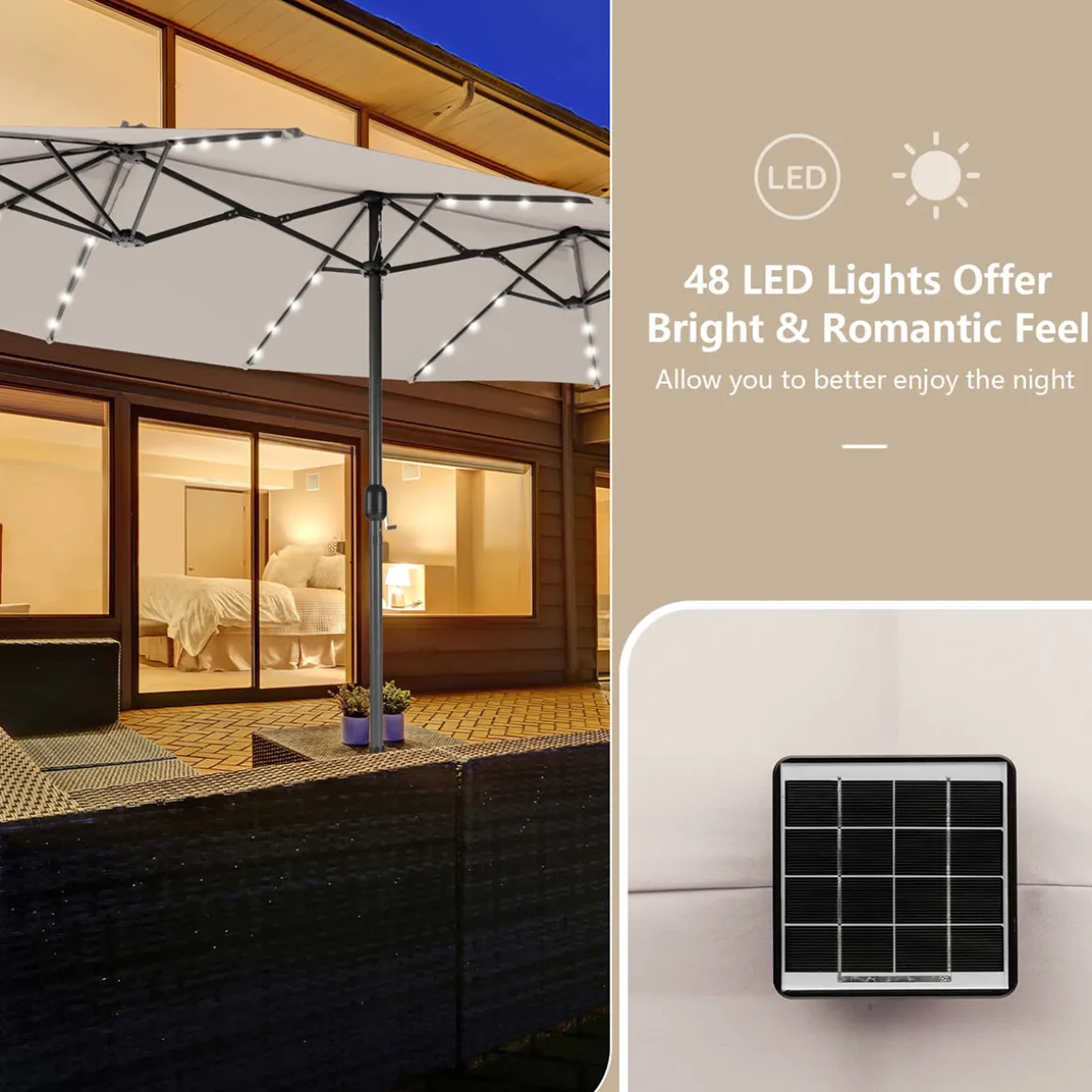 15' Double-Sided Patio Umbrella with Solar Powered LED Lights